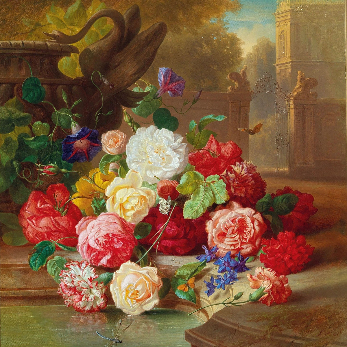 Floral Oil Painting - Rose Bouquet by Fountain and Garden Gate