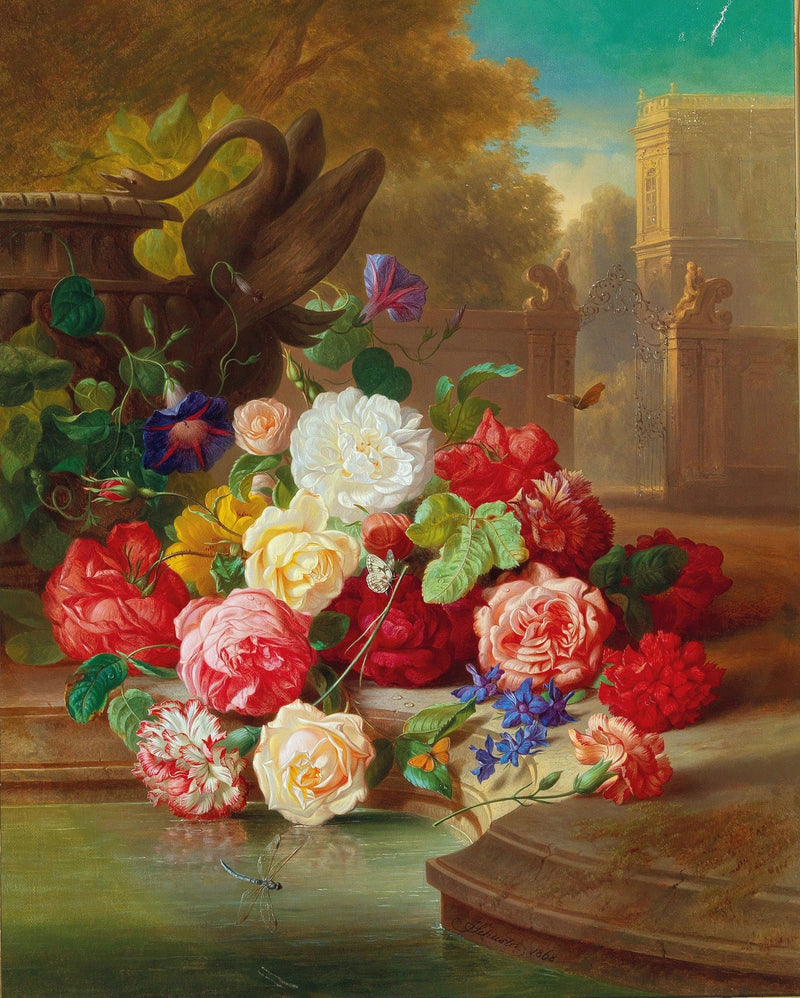 Floral Oil Painting - Rose Bouquet by Fountain and Garden Gate