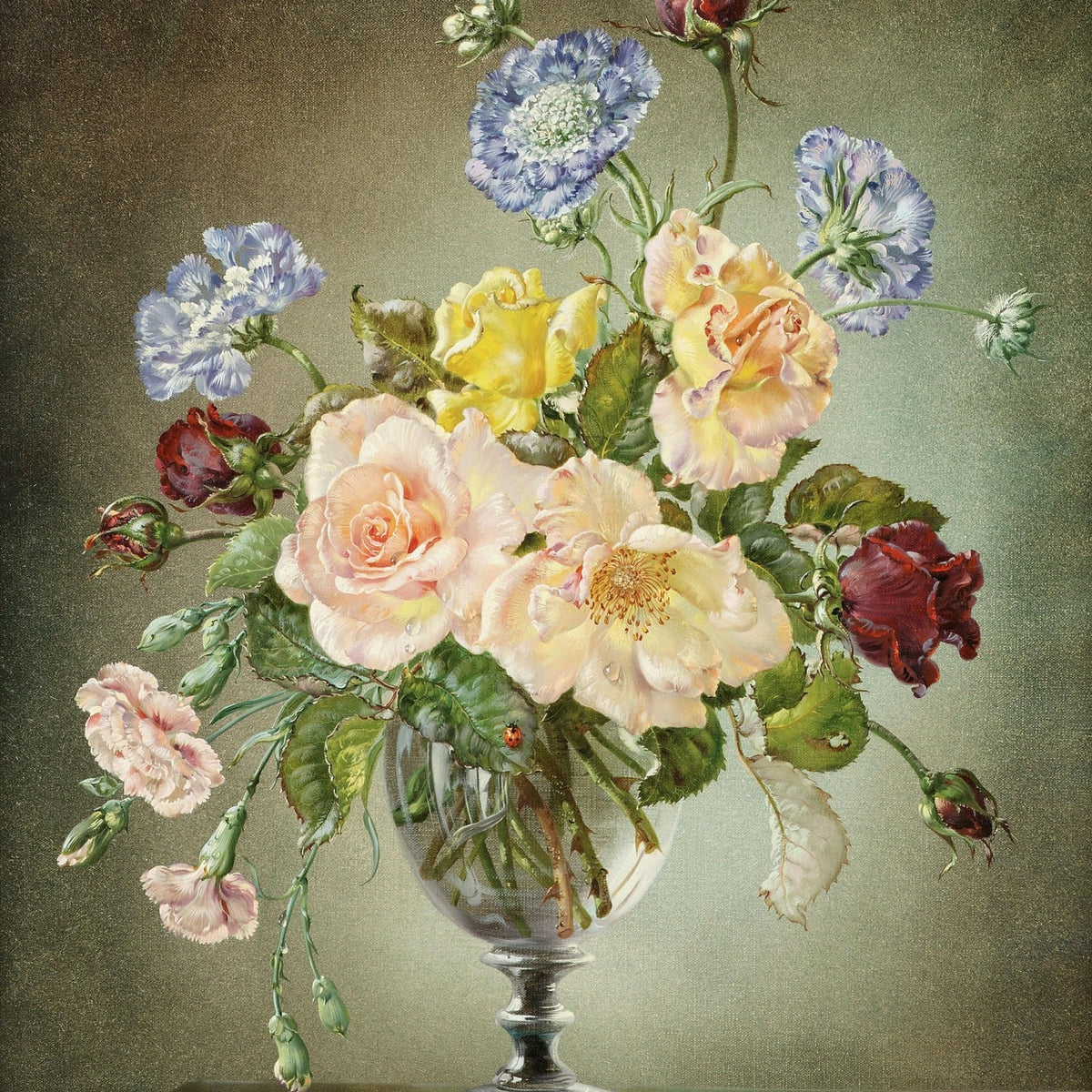 Floral Oil Painting - Rose Bouquet in Glass Vase Still Life - Oil Painting Haven