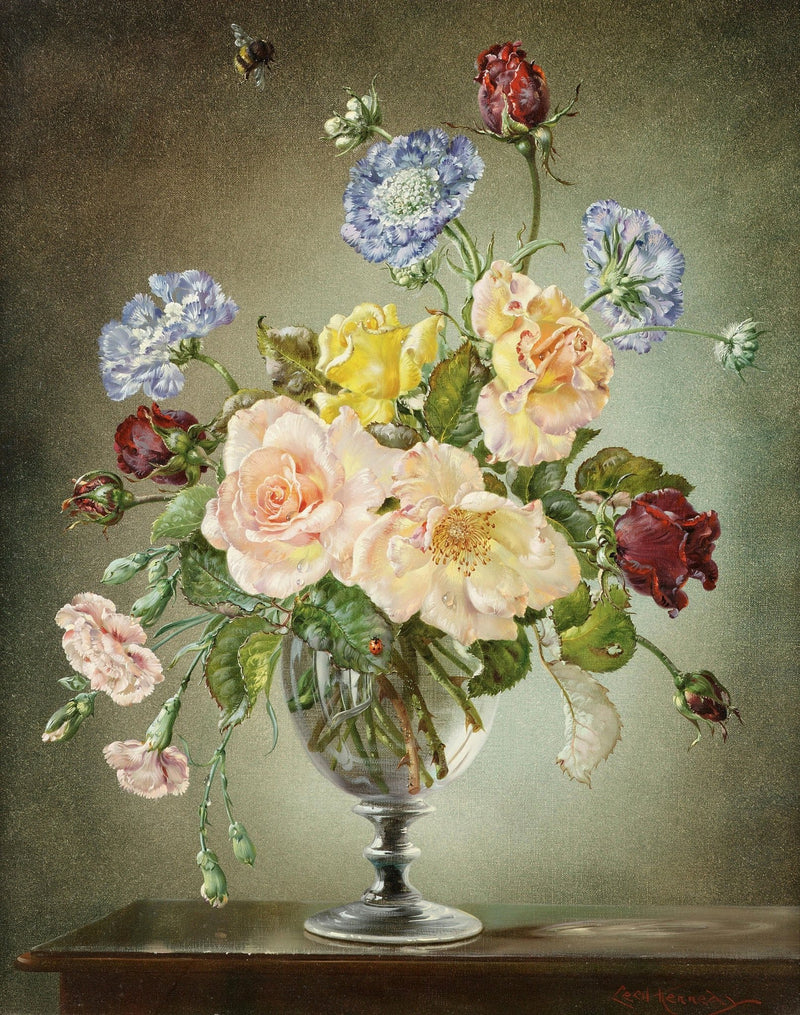 Floral Oil Painting - Rose Bouquet in Glass Vase Still Life - Oil Painting Haven