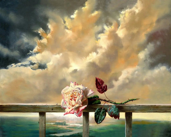 Floral Oil Painting - Rose on Balustrade with Sky - Oil Painting Haven