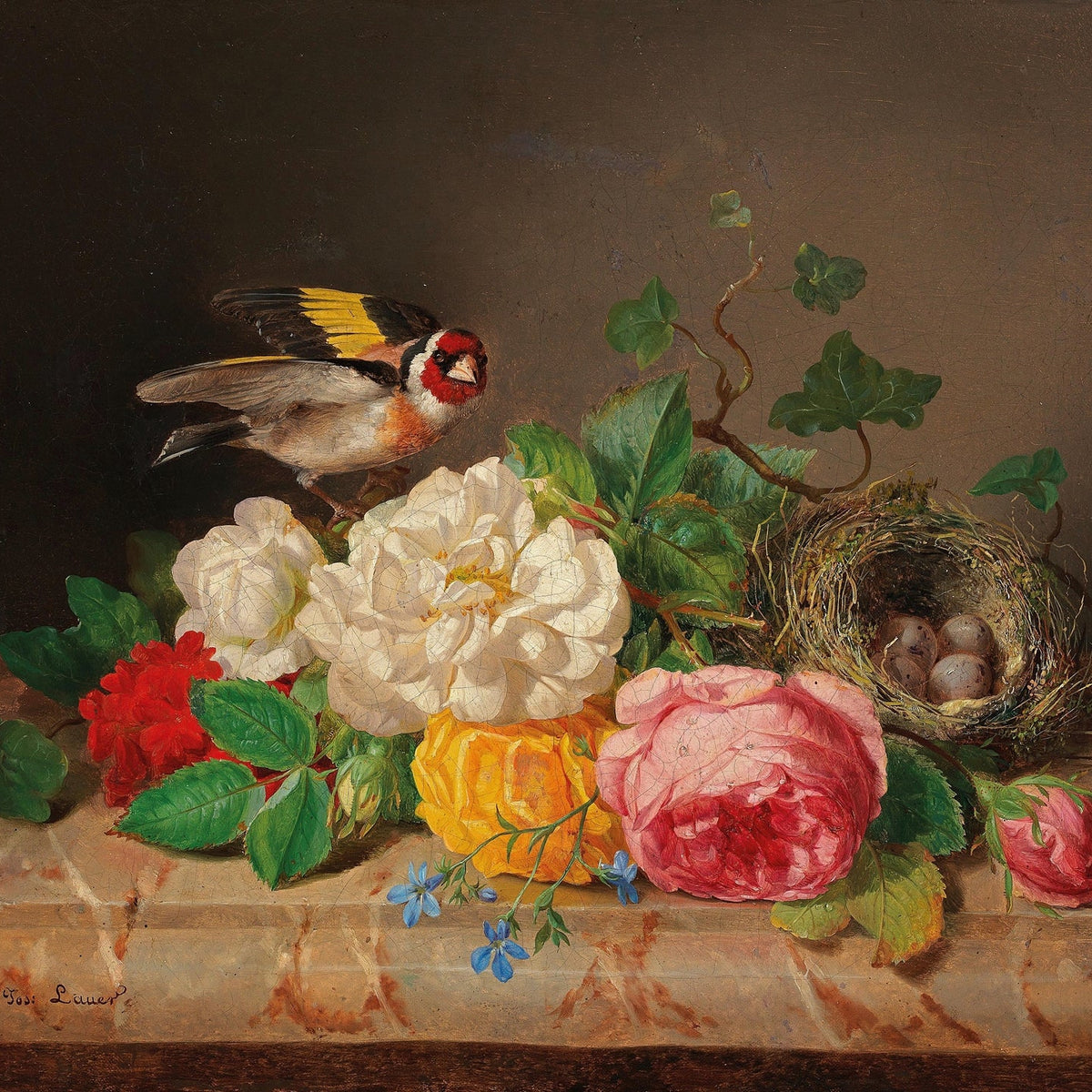 Floral Oil Painting - Roses and Bird Hand - Painted Canvas Art - Oil Painting Haven