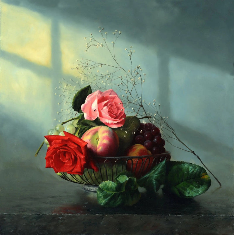 Floral Oil Painting - Roses and Fruits in Wire Bowl - Oil Painting Haven