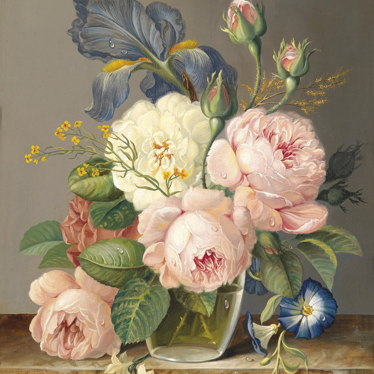 Floral Oil Painting - Roses and Iris in Glass Vase - Oil Painting Haven