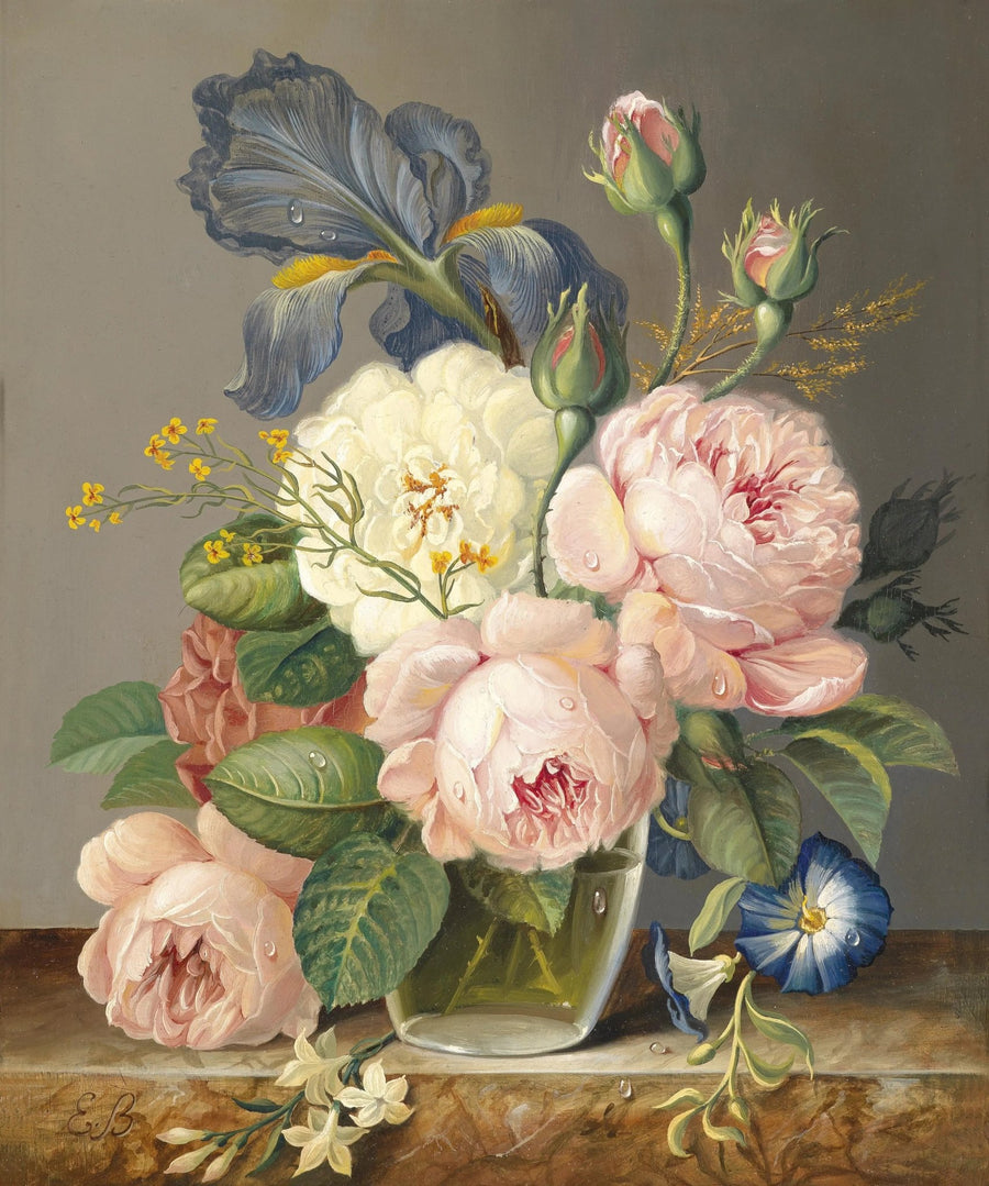 Blumen-Ölgemälde – Rosen und Iris in einer Glasvase