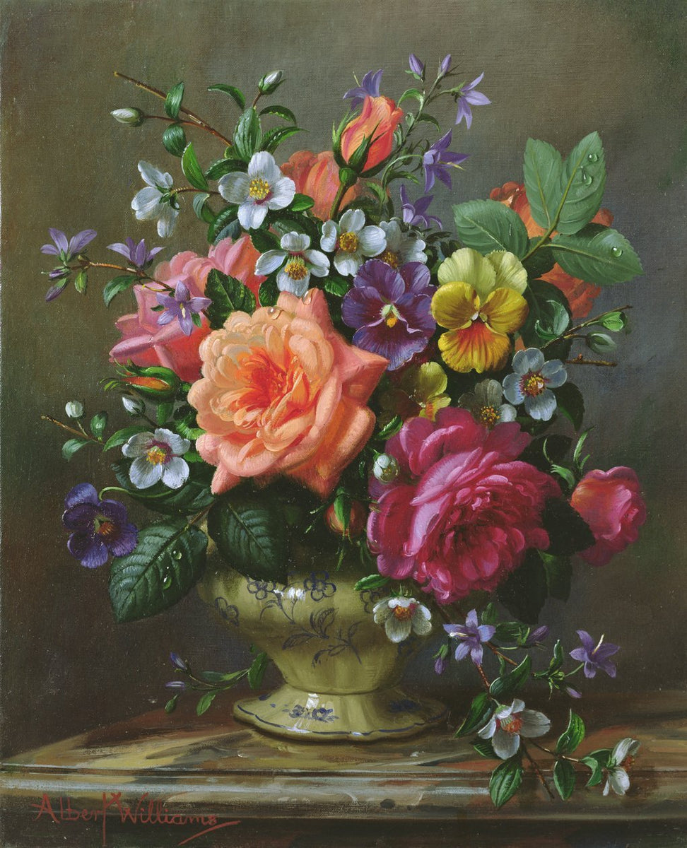 Floral Oil Painting - Roses and Pansies in a Decorative Vase