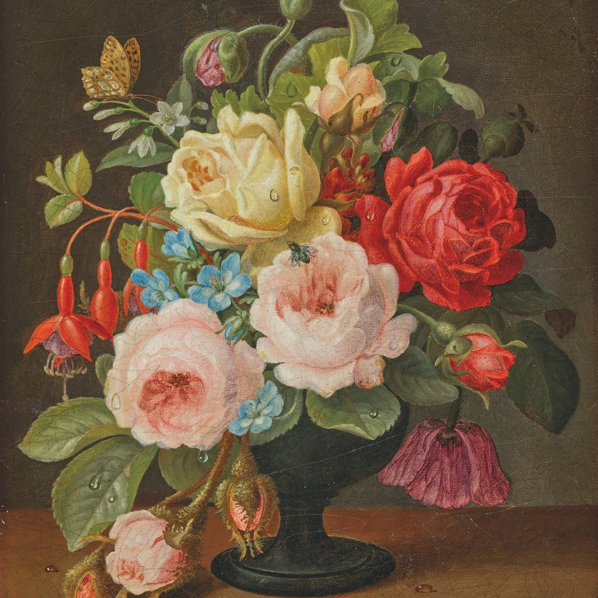 Floral Oil Painting - Roses and Wildflowers in Black Vase