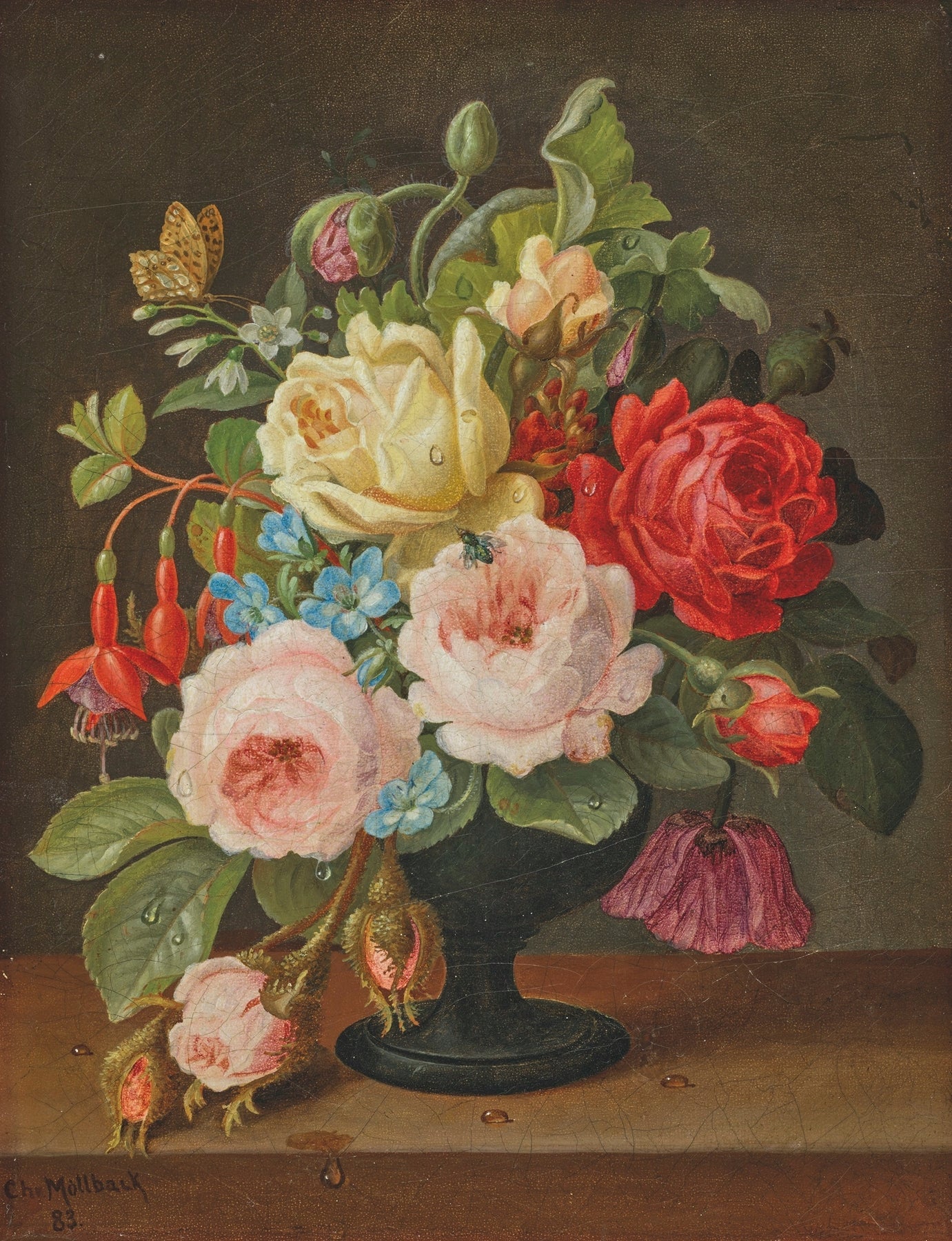 Floral Oil Painting - Roses and Wildflowers in Black Vase