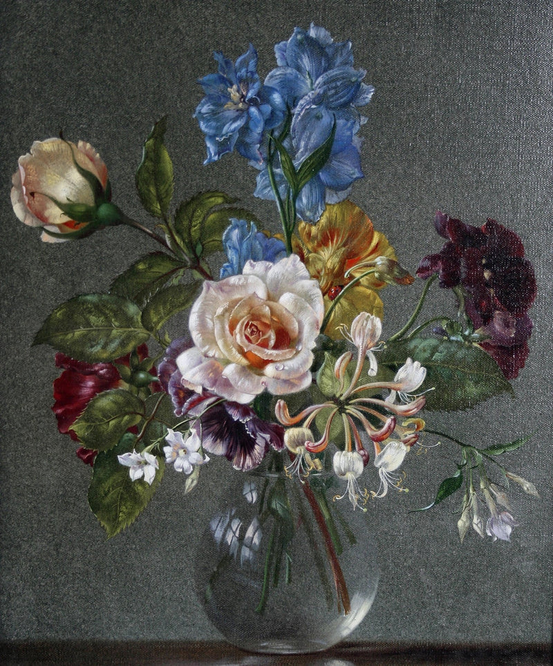 Floral Oil Painting - Roses and Wildflowers in Glass Vase Art - Oil Painting Haven
