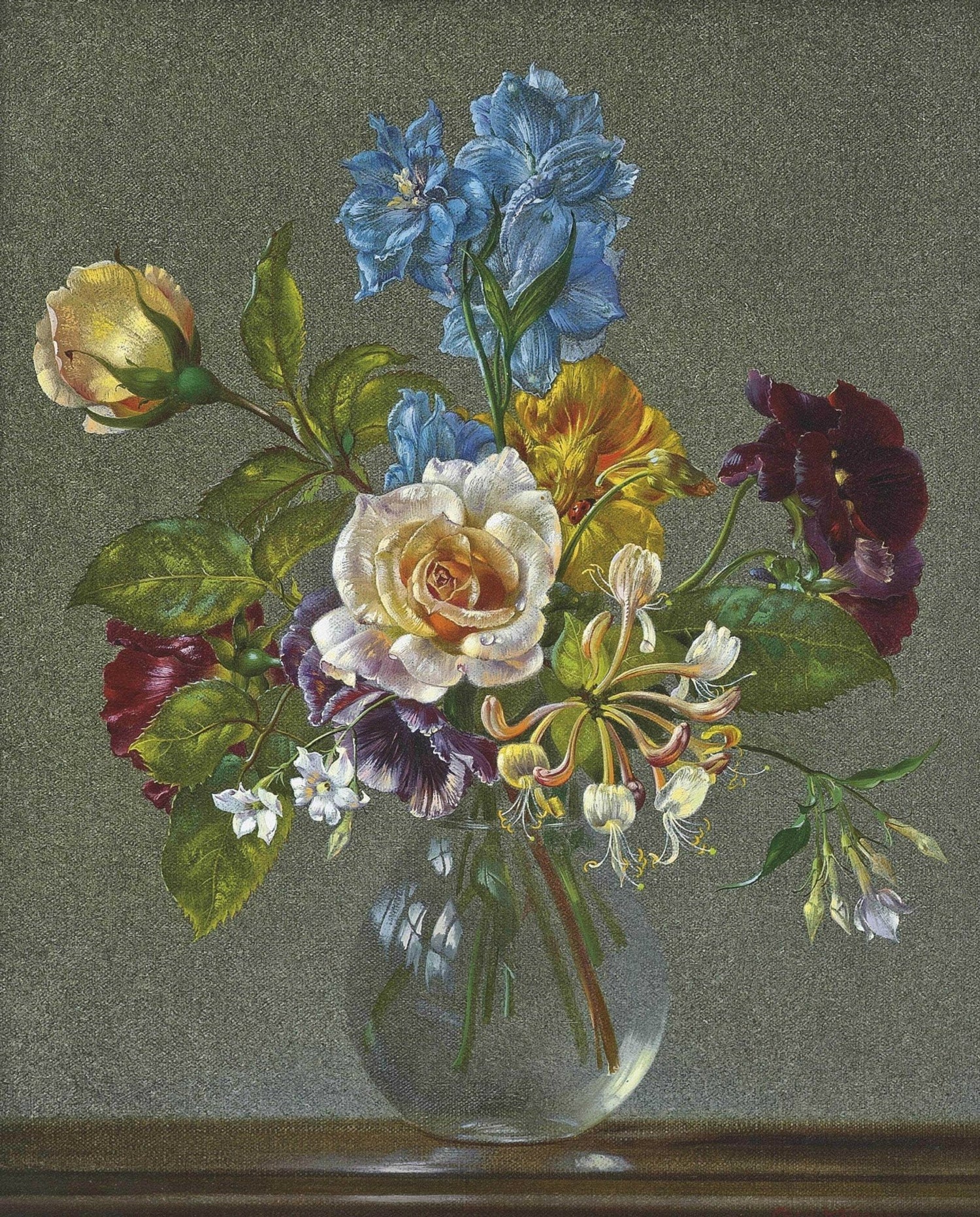 Floral Oil Painting - Roses and Wildflowers in Glass Vase - Oil Painting Haven