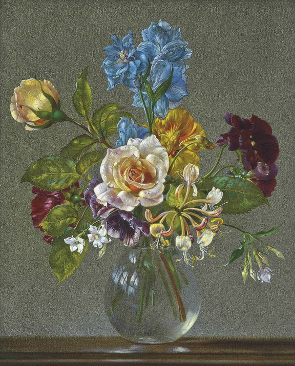 Floral Oil Painting - Roses and Wildflowers in Glass Vase - Oil Painting Haven