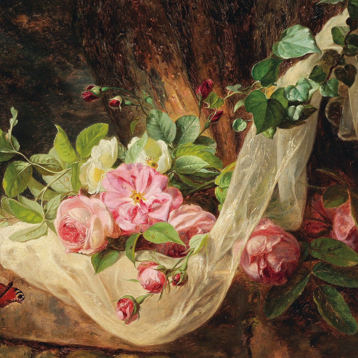 Floral Oil Painting - Roses Draped in Fabric Still Life Art - Oil Painting Haven