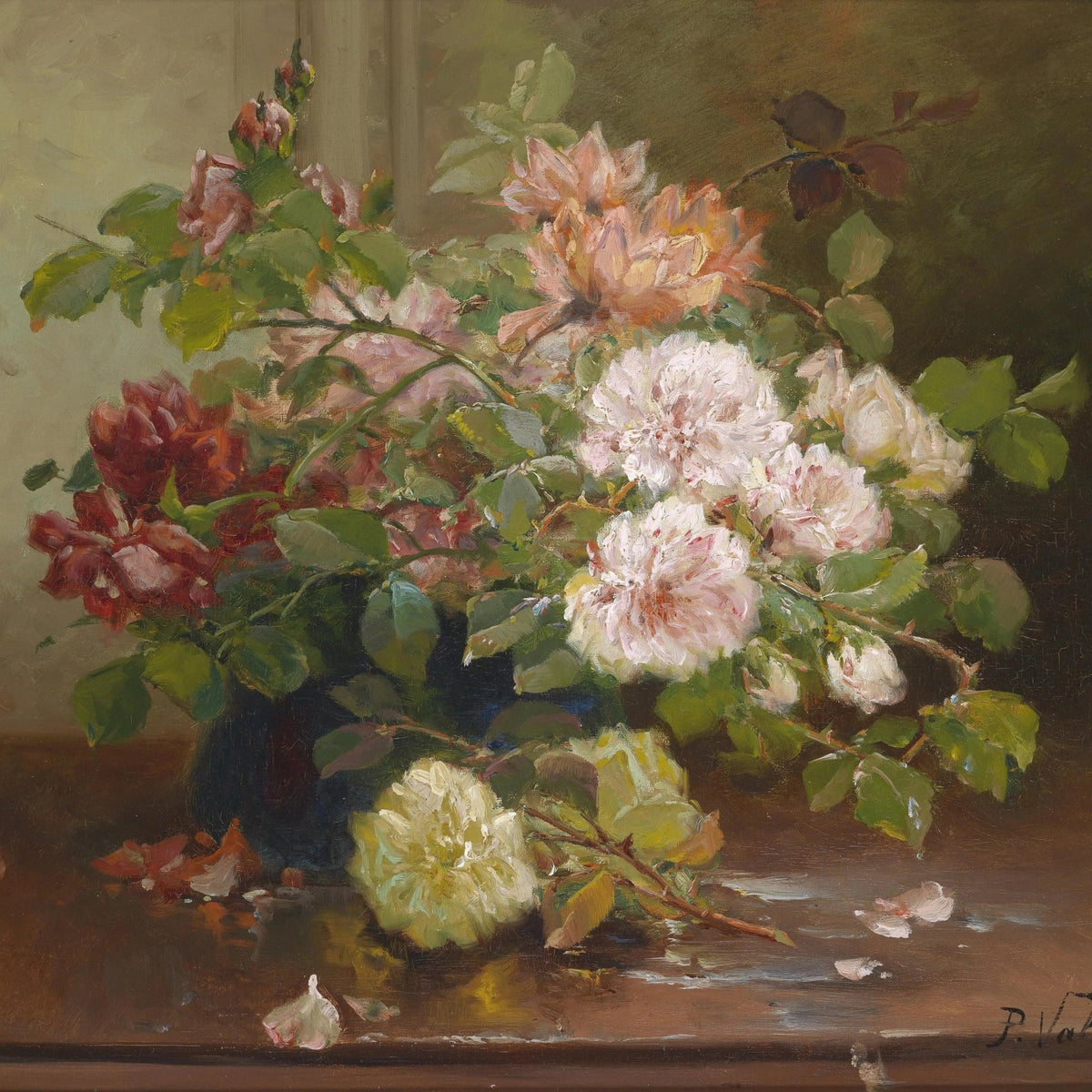 Floral Oil Painting - Roses in Blue Vase with Petals - Oil Painting Haven