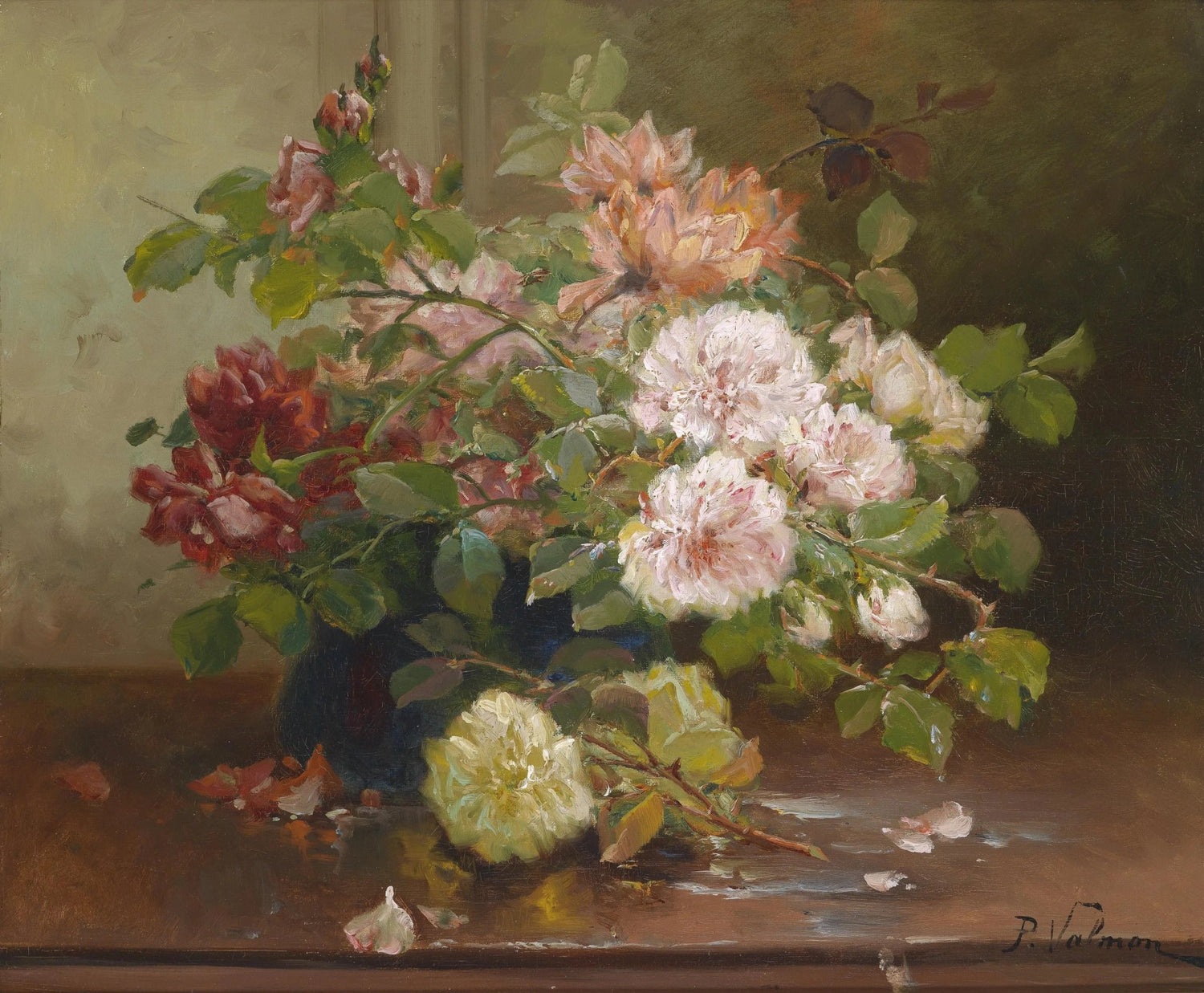 Floral Oil Painting - Roses in Blue Vase with Petals - Oil Painting Haven