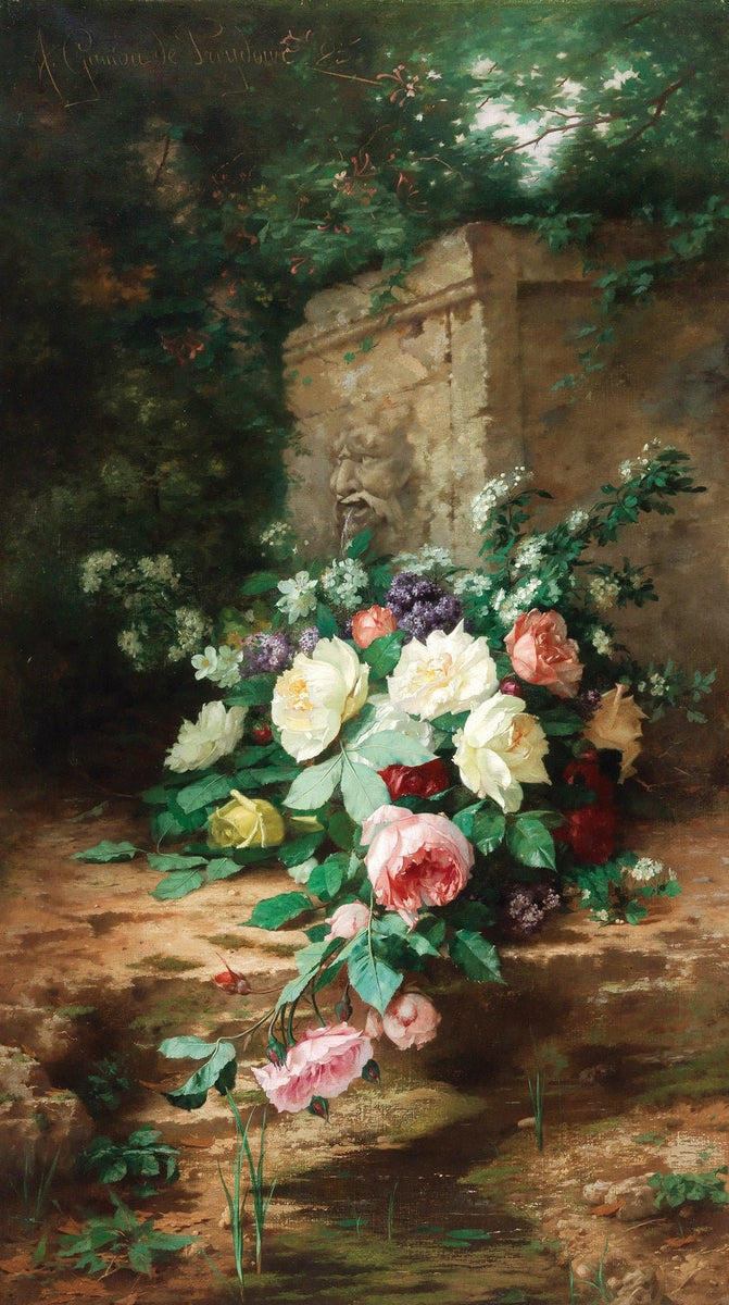Floral Oil Painting - Roses in Garden Fountain Still Life Art - Oil Painting Haven