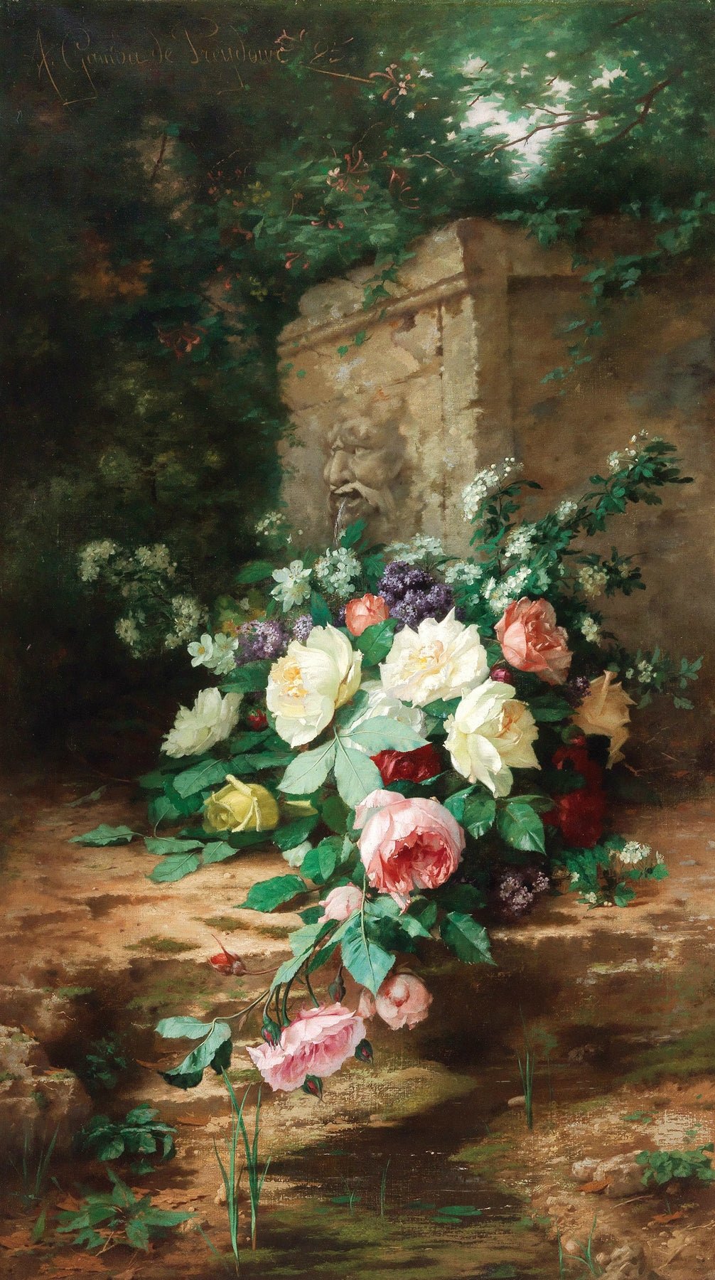 Floral Oil Painting - Roses in Garden Fountain Still Life Art - Oil Painting Haven
