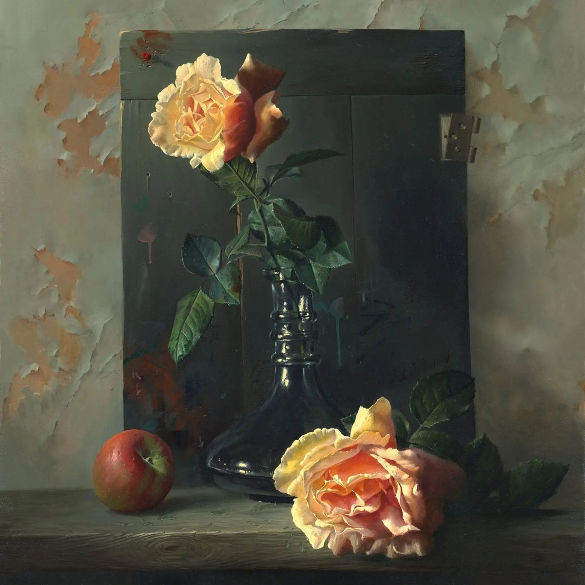 Floral Oil Painting - Roses in Glass Vase with Apple - Oil Painting Haven