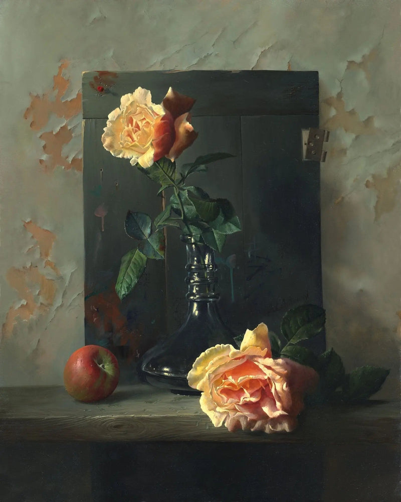 Floral Oil Painting - Roses in Glass Vase with Apple - Oil Painting Haven
