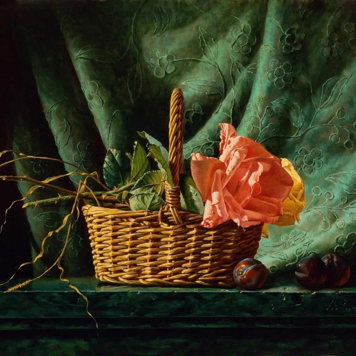 Floral Oil Painting - Roses in Wicker Basket - Oil Painting Haven