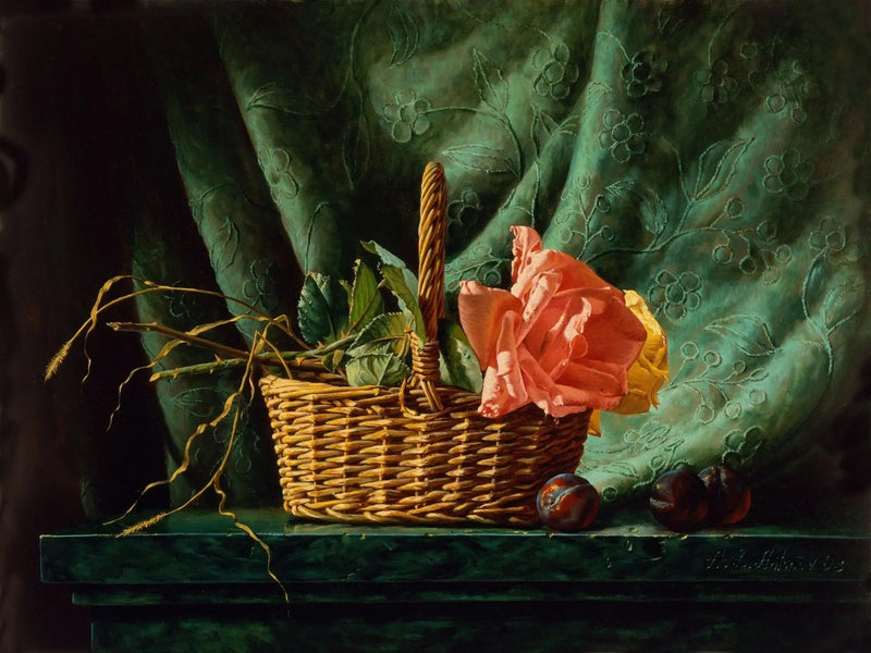 Floral Oil Painting - Roses in Wicker Basket - Oil Painting Haven