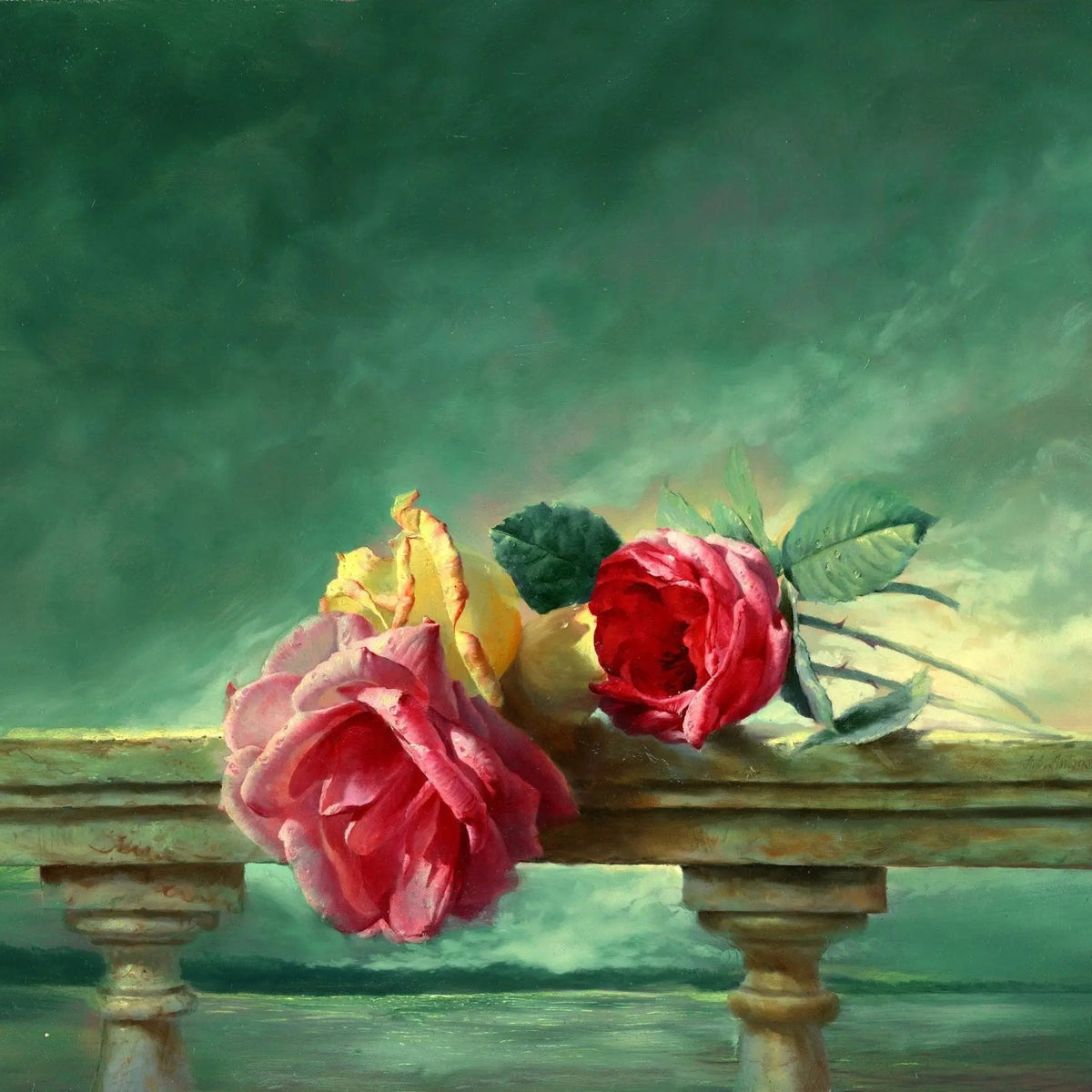 Floral Oil Painting - Roses on Balustrade - Oil Painting Haven