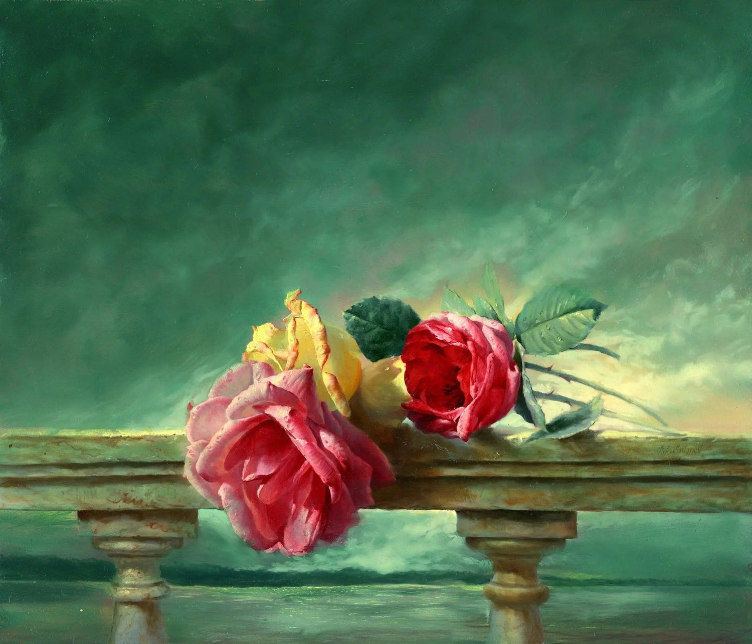 Floral Oil Painting - Roses on Balustrade - Oil Painting Haven