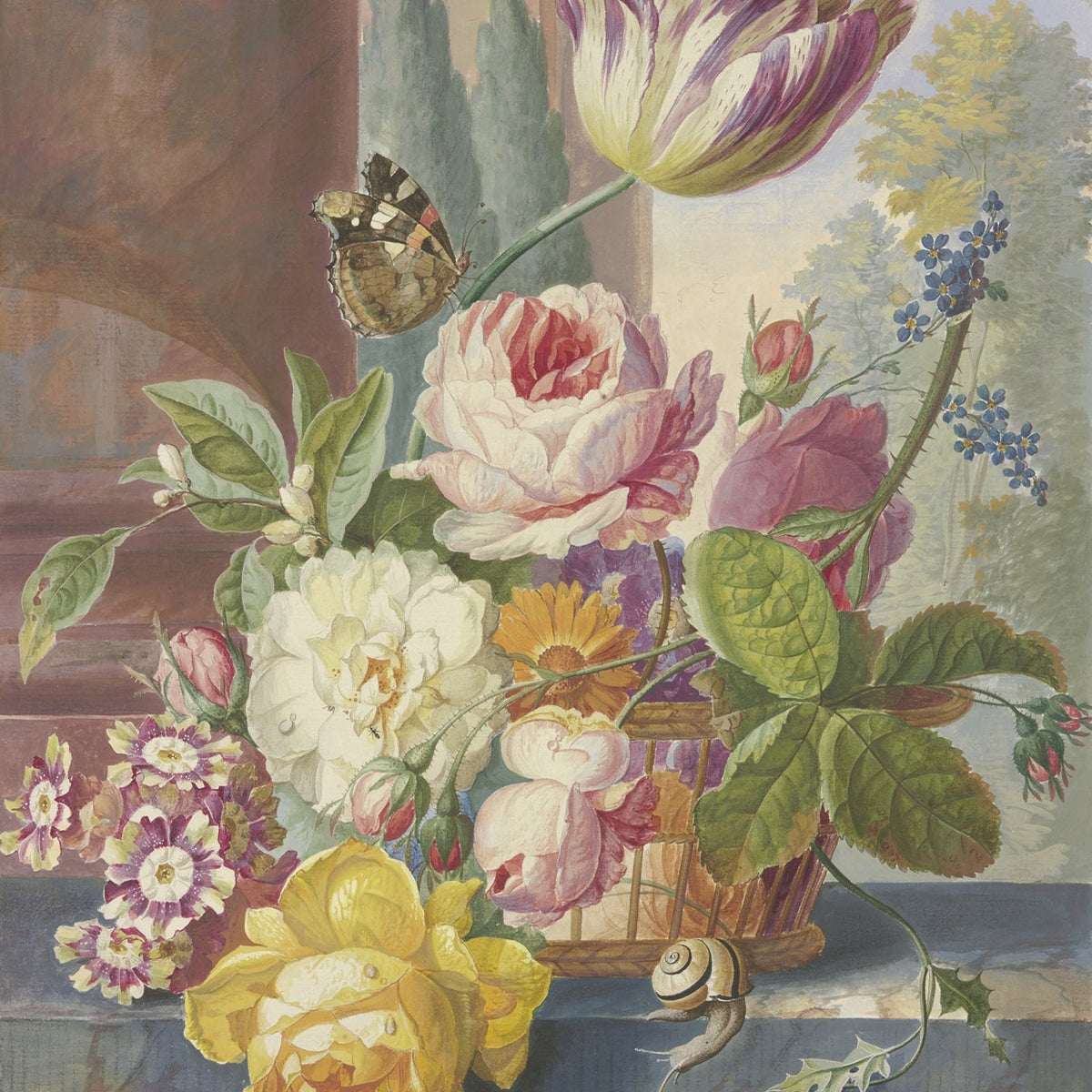Floral Oil Painting - Roses, Tulip and Butterfly Still Life