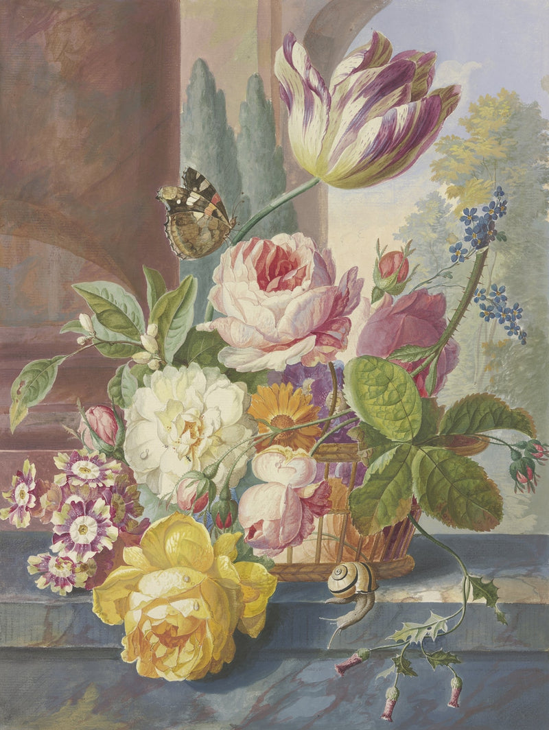 Floral Oil Painting - Roses, Tulip and Butterfly Still Life