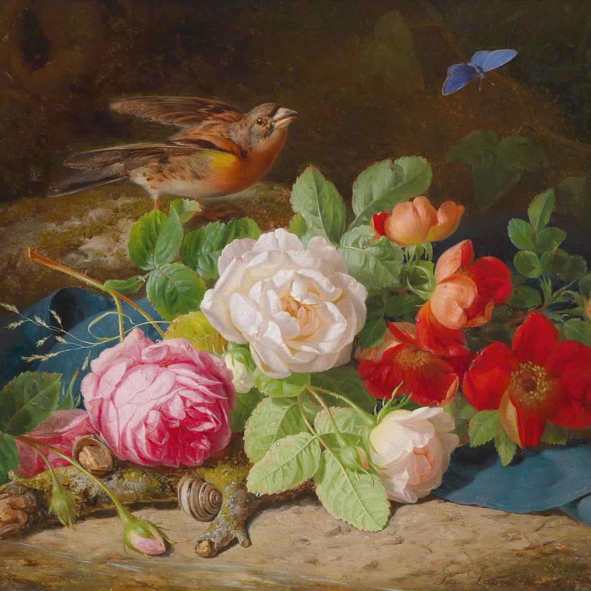 Floral Oil Painting - Roses with Bird and Butterfly - Oil Painting Haven