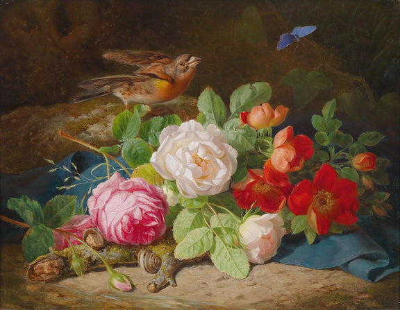 Floral Oil Painting - Roses with Bird and Butterfly - Oil Painting Haven
