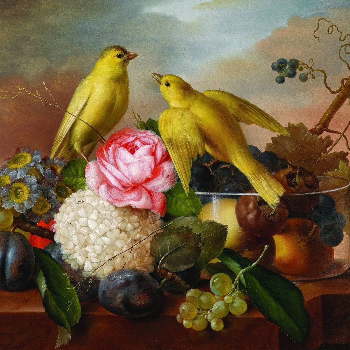 Floral Oil Painting - Roses with Birds and Fruit - Oil Painting Haven
