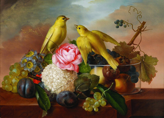 Floral Oil Painting - Roses with Birds and Fruit - Oil Painting Haven