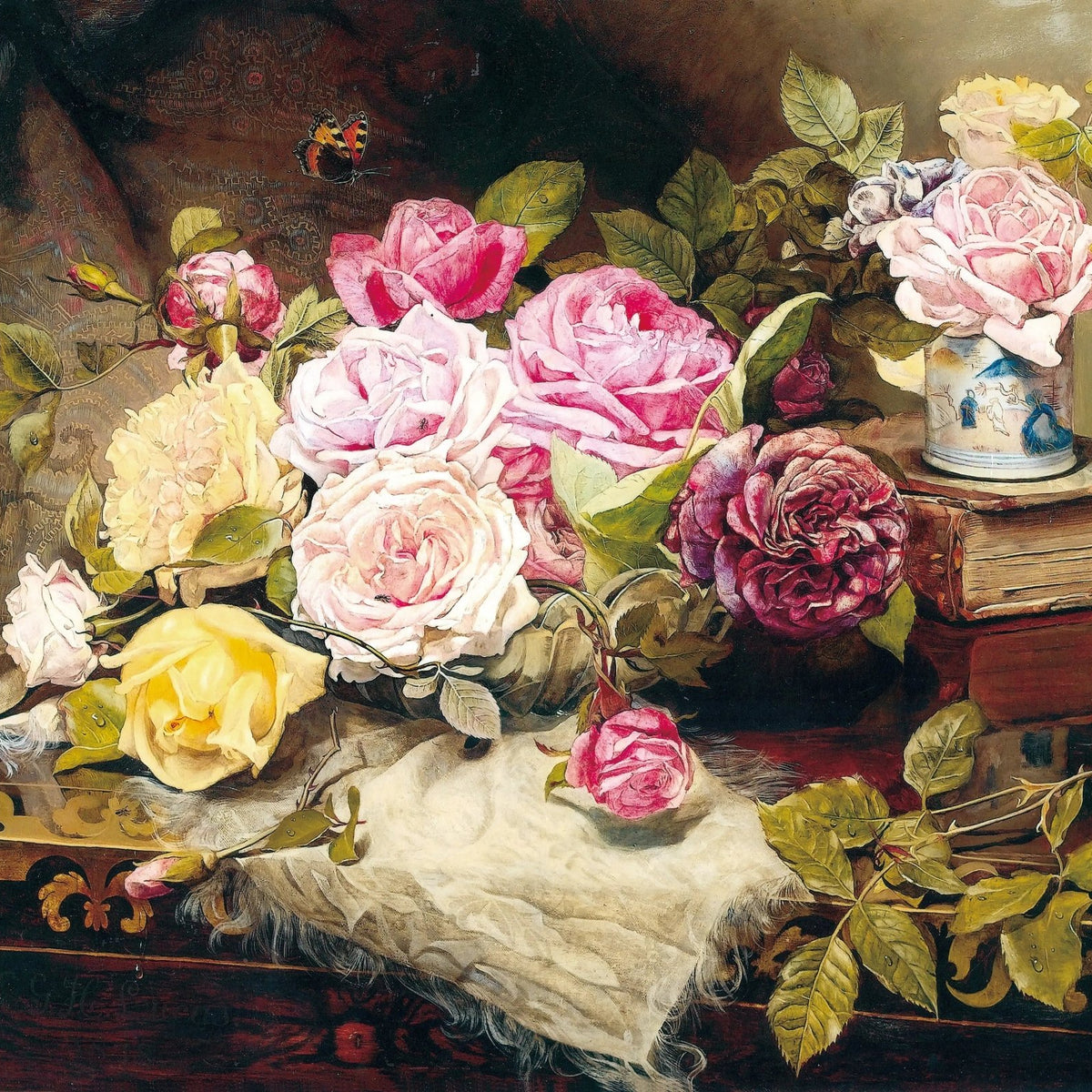 Floral Oil Painting - Roses with Books and Butterfly - Oil Painting Haven