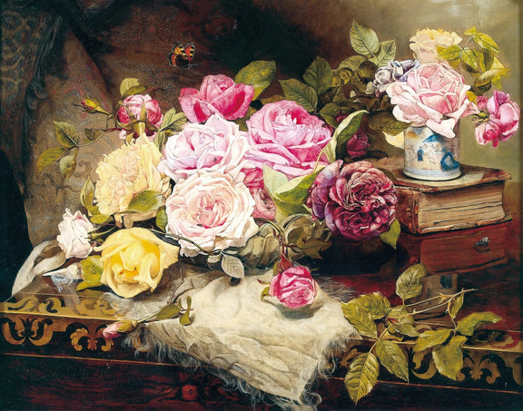 Floral Oil Painting - Roses with Books and Butterfly - Oil Painting Haven