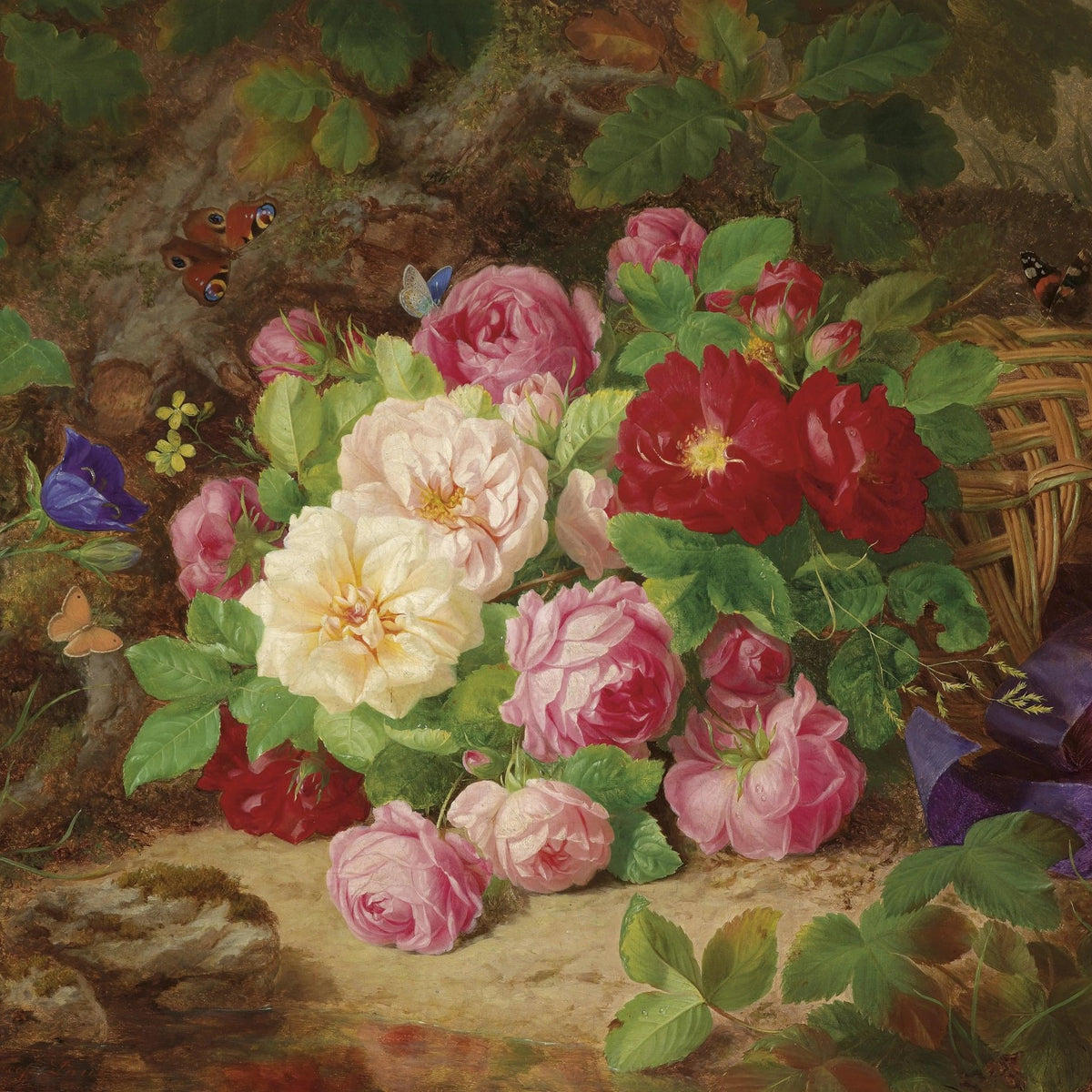 Floral Oil Painting - Roses with Butterflies and Basket - Oil Painting Haven