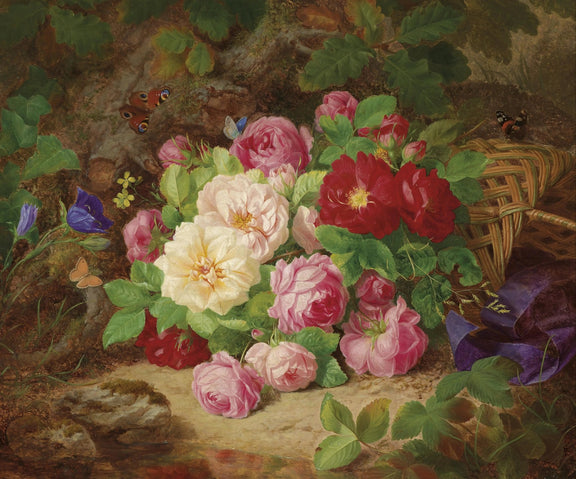 Floral Oil Painting - Roses with Butterflies and Basket - Oil Painting Haven