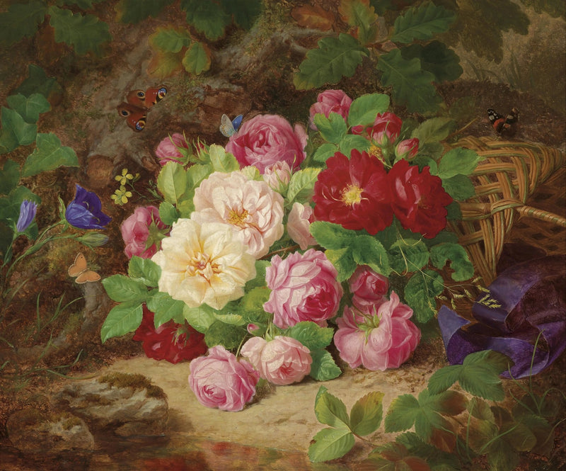 Floral Oil Painting - Roses with Butterflies and Basket - Oil Painting Haven