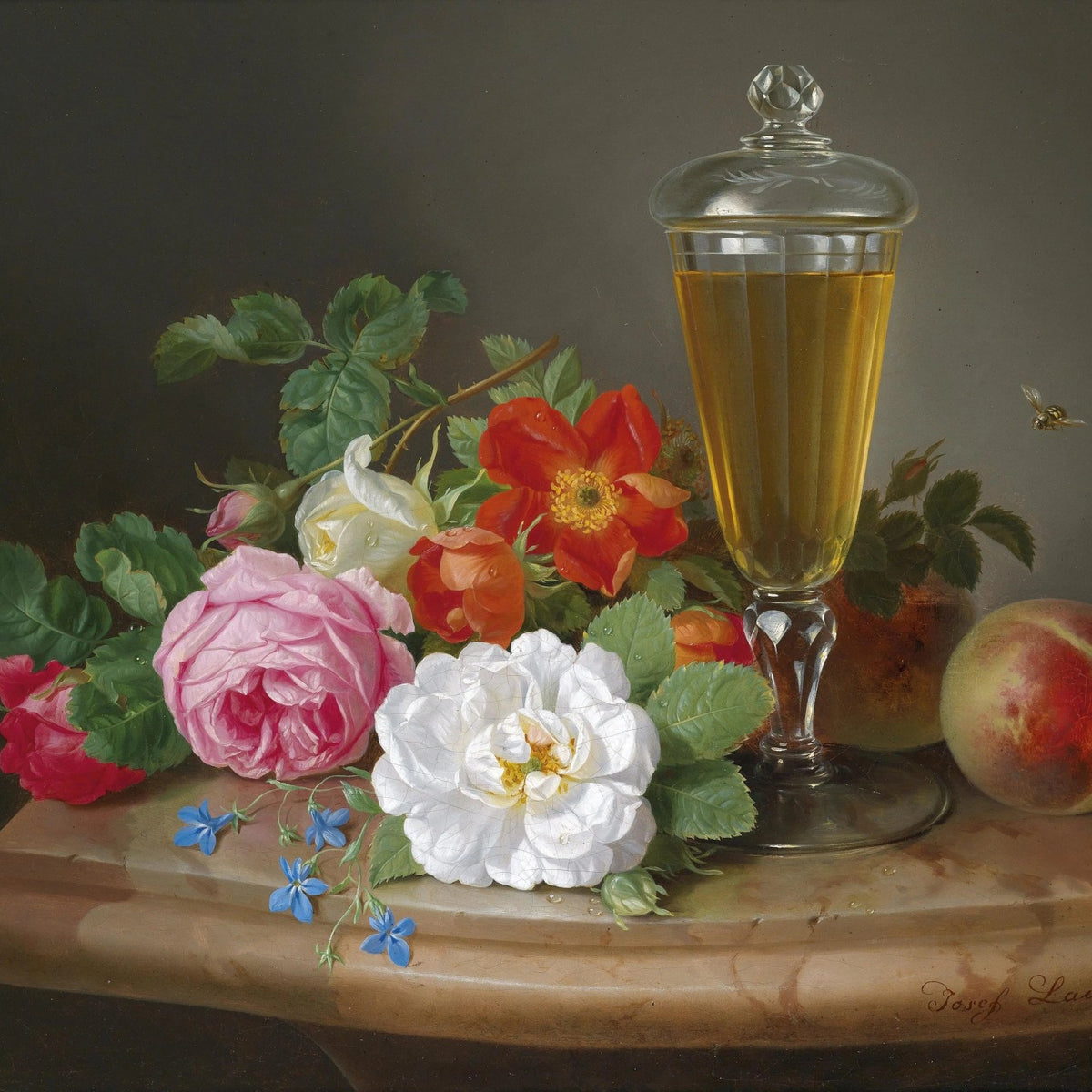 Floral Oil Painting - Roses with Glass and Peach - Oil Painting Haven