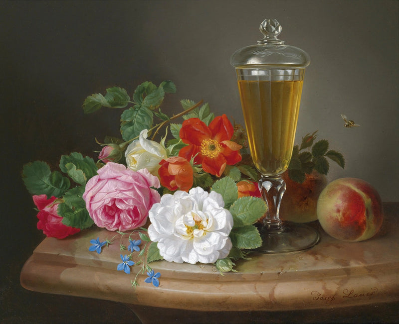 Floral Oil Painting - Roses with Glass and Peach - Oil Painting Haven