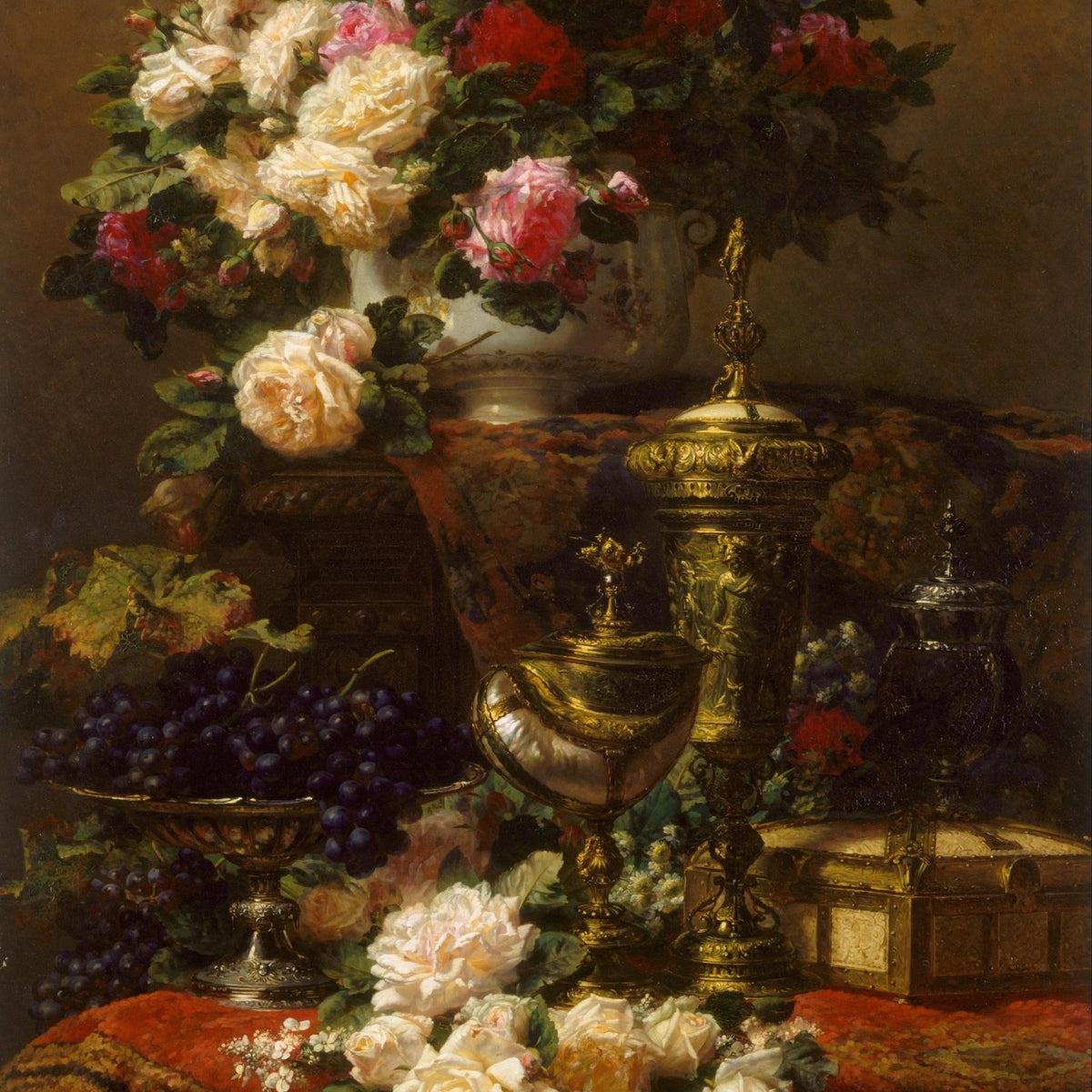 Floral Oil Painting - Roses with Ornate Objects - Oil Painting Haven