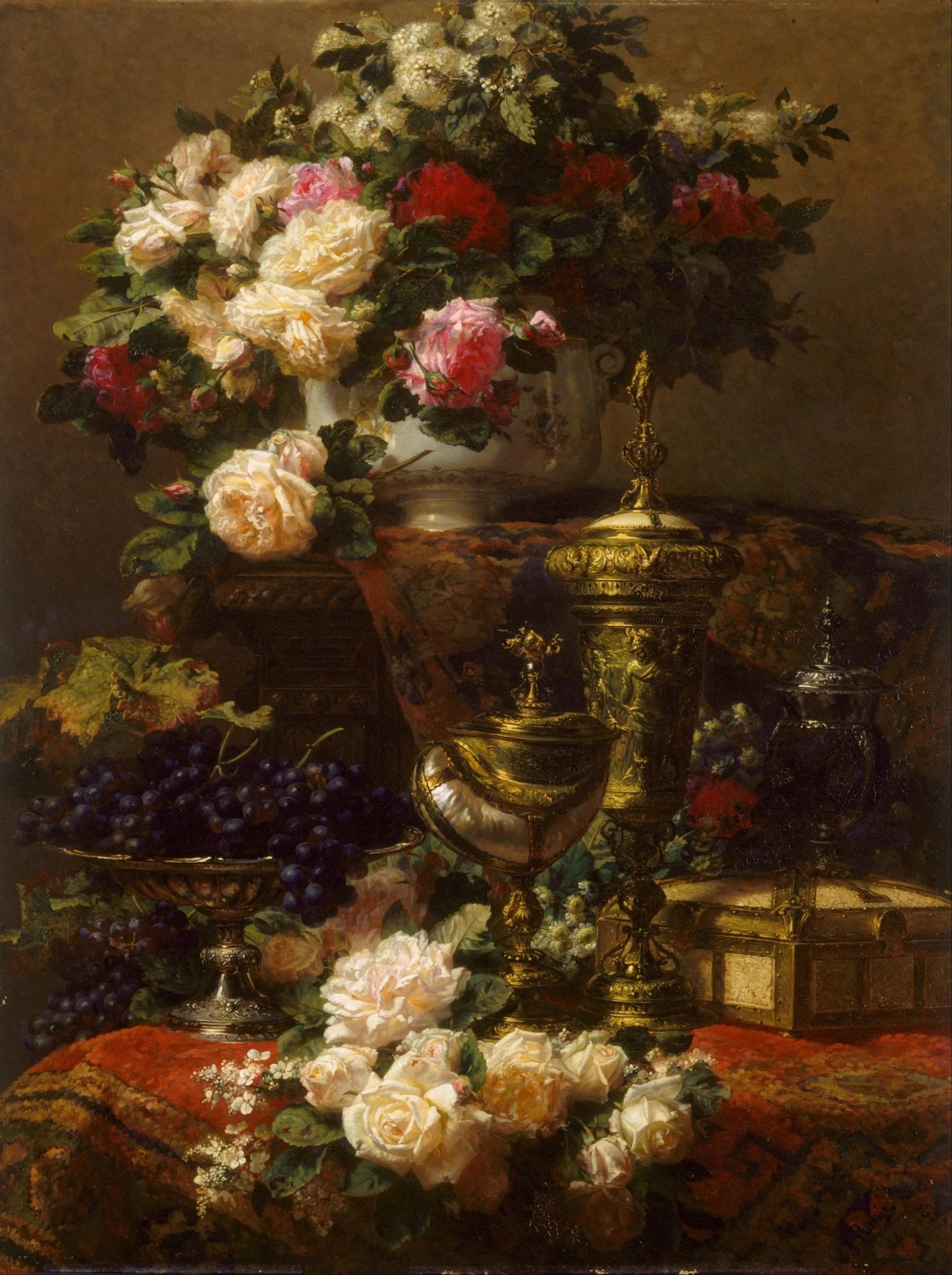 Floral Oil Painting - Roses with Ornate Objects - Oil Painting Haven