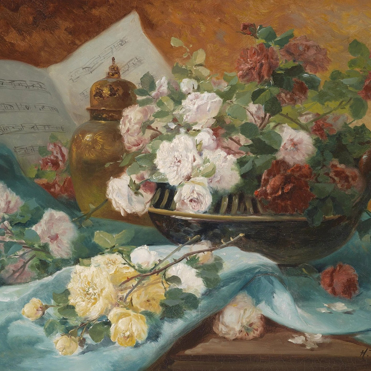 Floral Oil Painting - Roses with Sheet Music and Vase - Oil Painting Haven