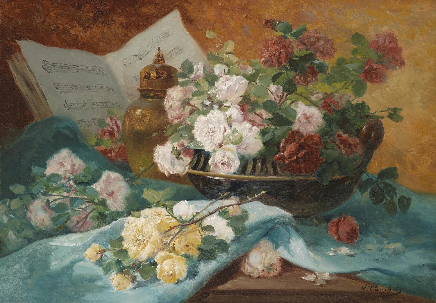 Floral Oil Painting - Roses with Sheet Music and Vase - Oil Painting Haven