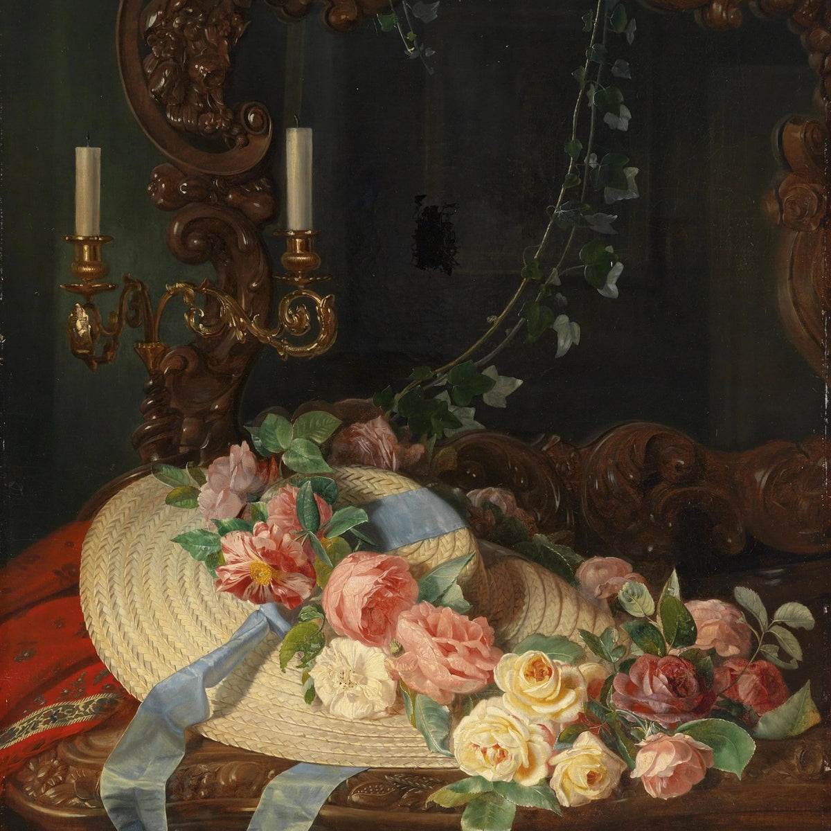 Floral Oil Painting - Roses with Straw Hat and Mirror - Oil Painting Haven
