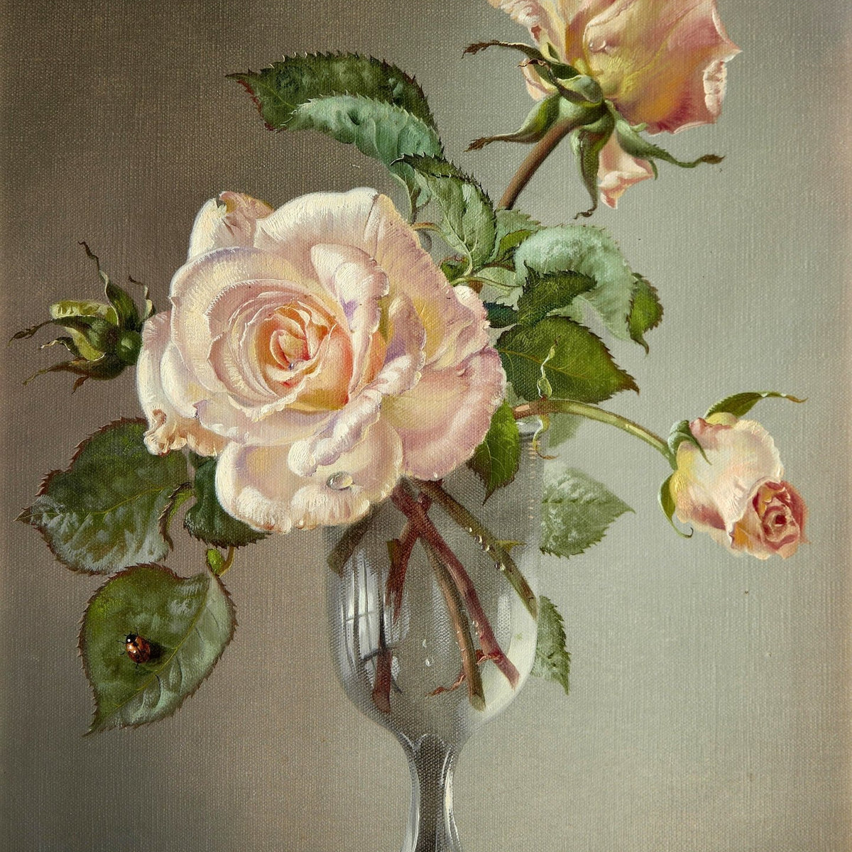Floral Oil Painting - Soft Pink Rose in Elegant Glass Vase Art - Oil Painting Haven