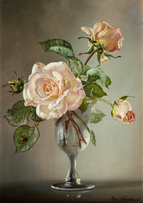 Floral Oil Painting - Soft Pink Rose in Elegant Glass Vase Art - Oil Painting Haven