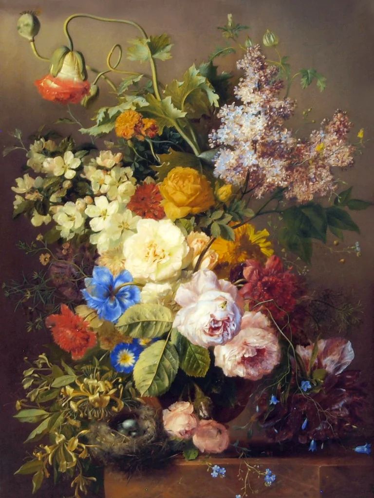 Floral Oil Painting - Spring Bouquet with Lilacs and Bird Nest