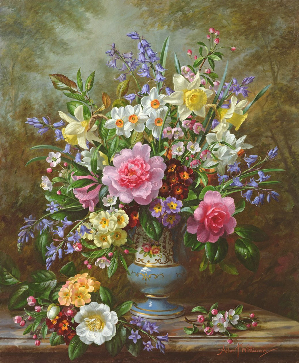 Floral Oil Painting - Spring Daffodils and Pink Blooms
