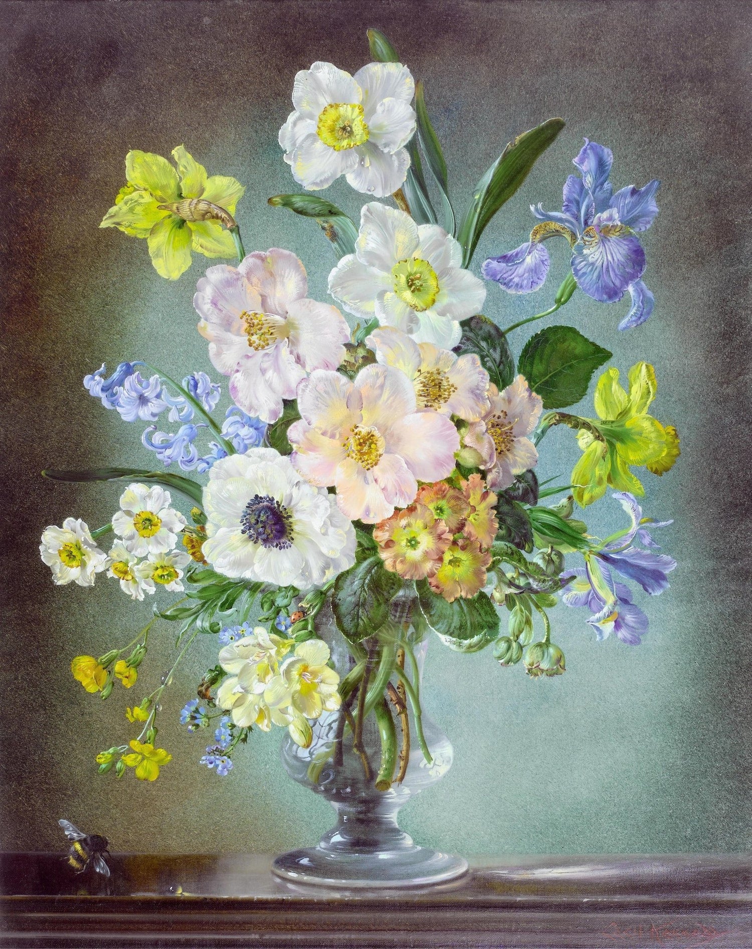 Floral Oil Painting - Spring Flowers in Glass Vase Still Life - Oil Painting Haven