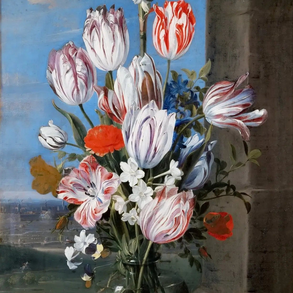 Floral Oil Painting - Tulips in Glass Vase with Scenic View - Oil Painting Haven